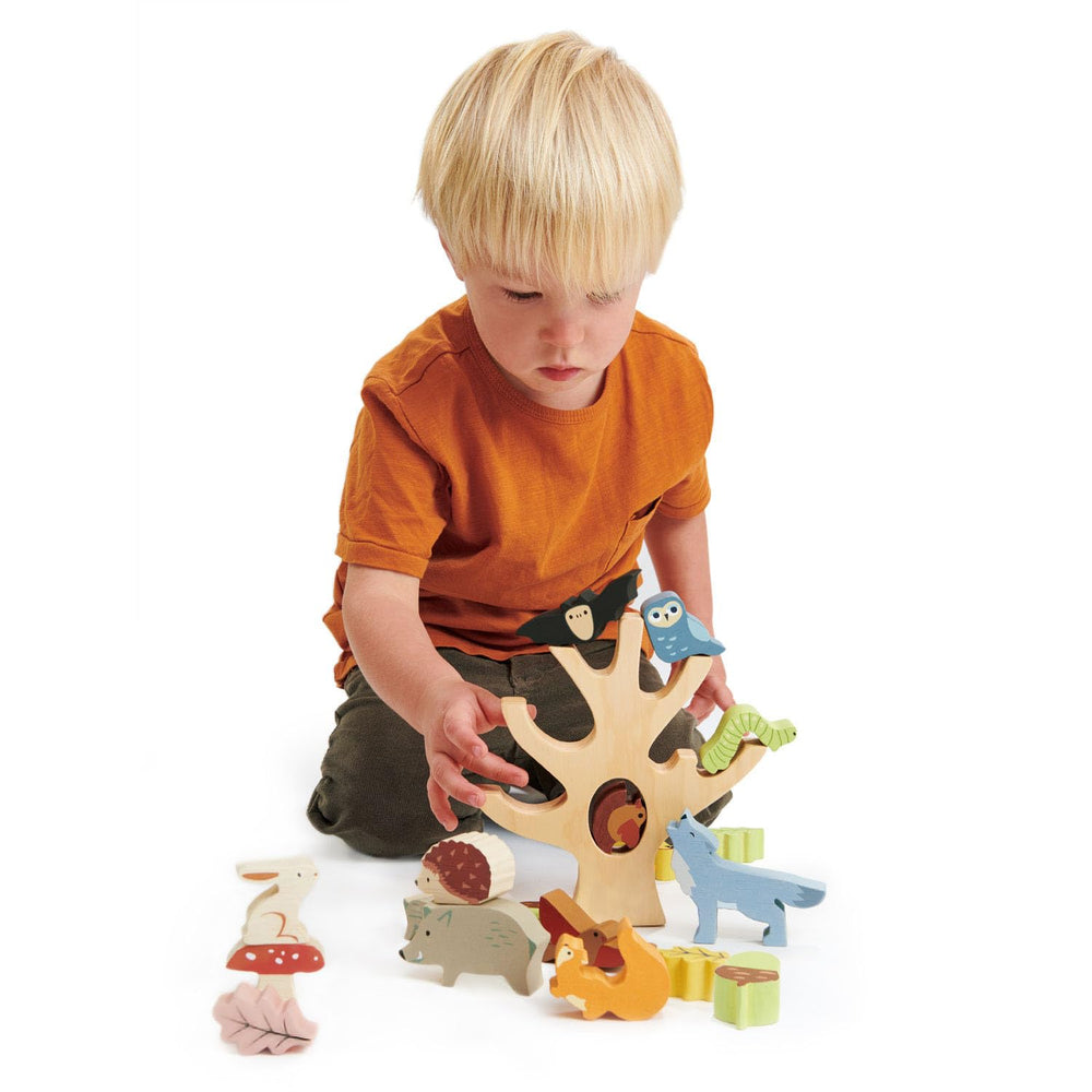 Tender Leaf Toys colorful forest stack demonstrates color and shape recognition in a fun setting.