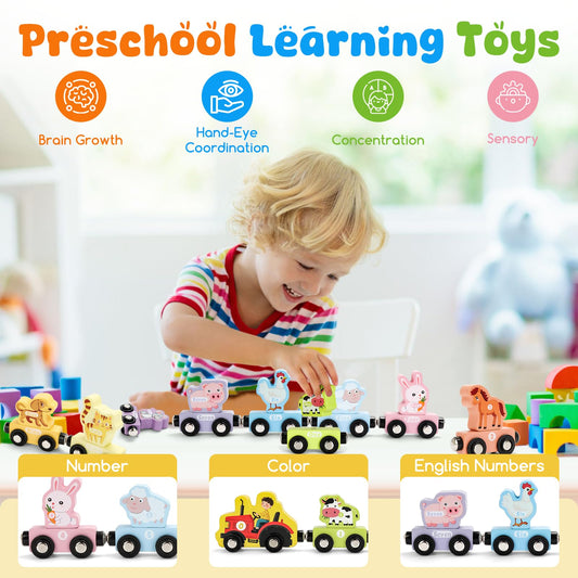 TenFans magnetic train cars wood close-up highlights smooth magnets for easy assembly.
