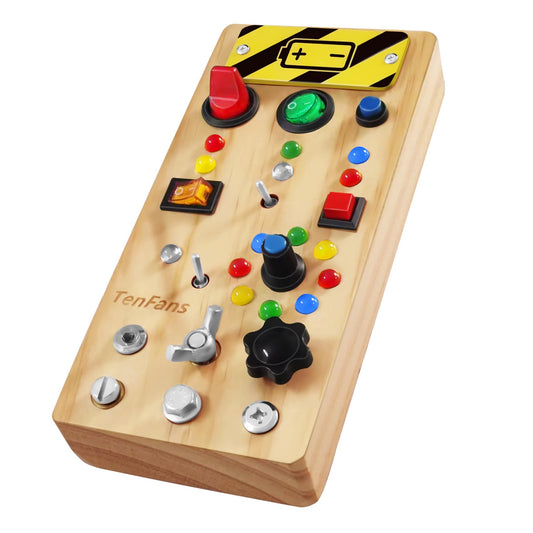 TenFans Busy Board with eight LED modes and tactile switches for fine motor practice.