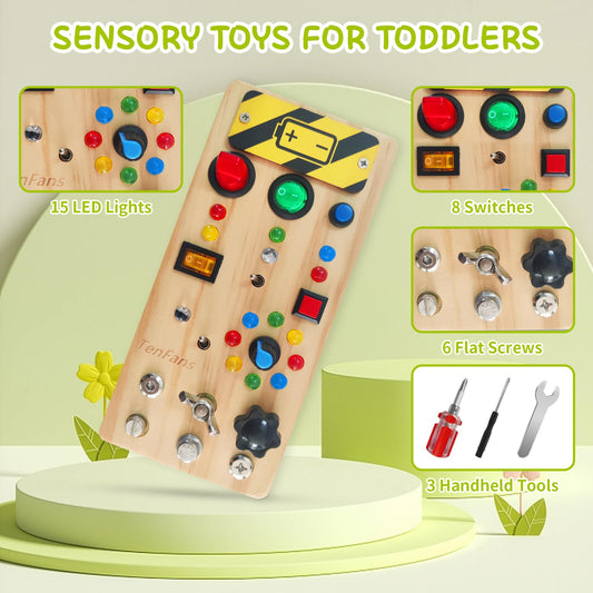 TenFans Busy Board close-up of bright LED lights for sensory play.