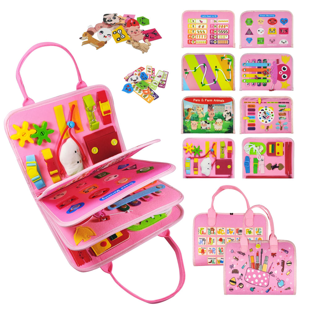 TenFans Montessori Busy Board zipper page for threading and motor control.