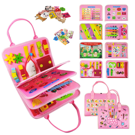 TenFans Montessori Busy Board zipper page for threading and motor control.