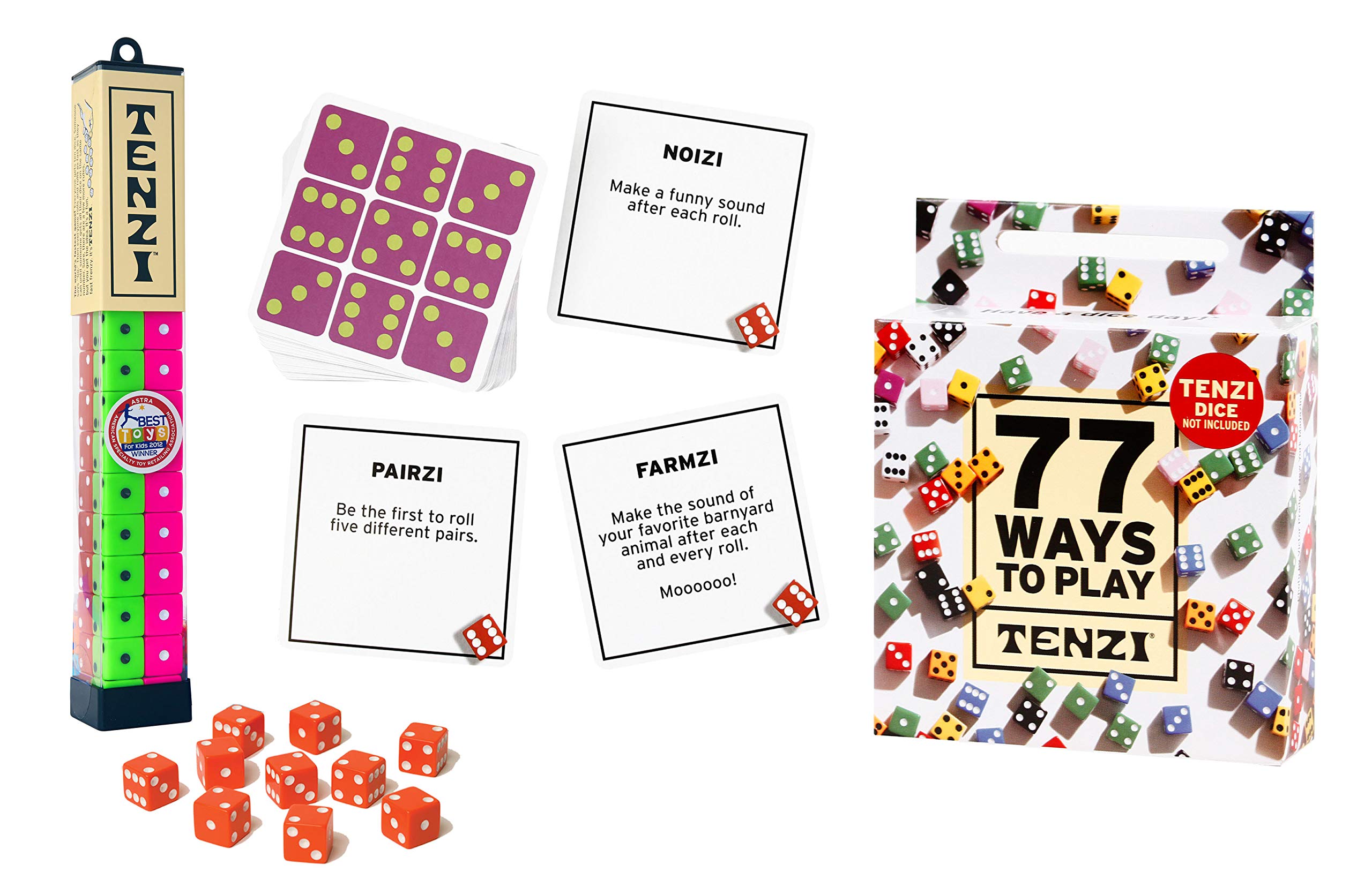 TENZI 77 Ways to Play cards illustrate diverse gameplay options.