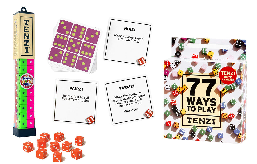 TENZI 77 Ways to Play cards illustrate diverse gameplay options.
