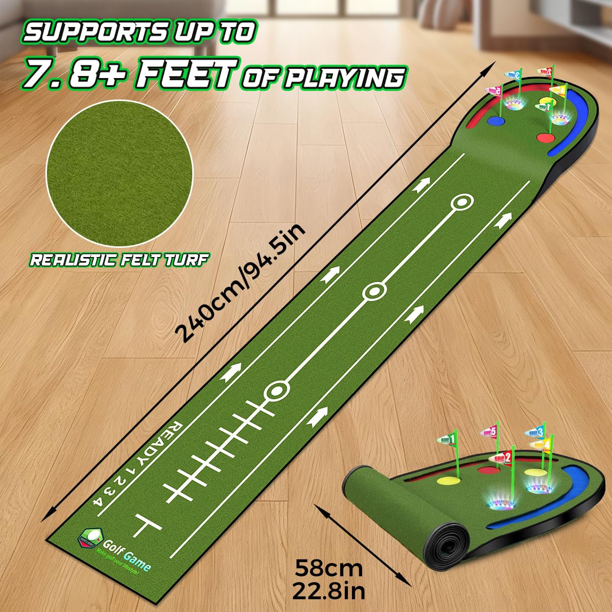 Terramus 28-piece set includes mats, holes, balls, tees, flags, for complete play.