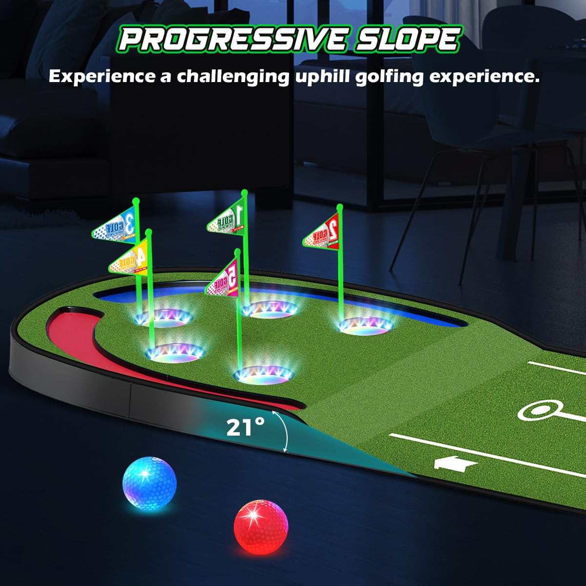 Terramus LED holes and glowing balls for engaging night-time putting.