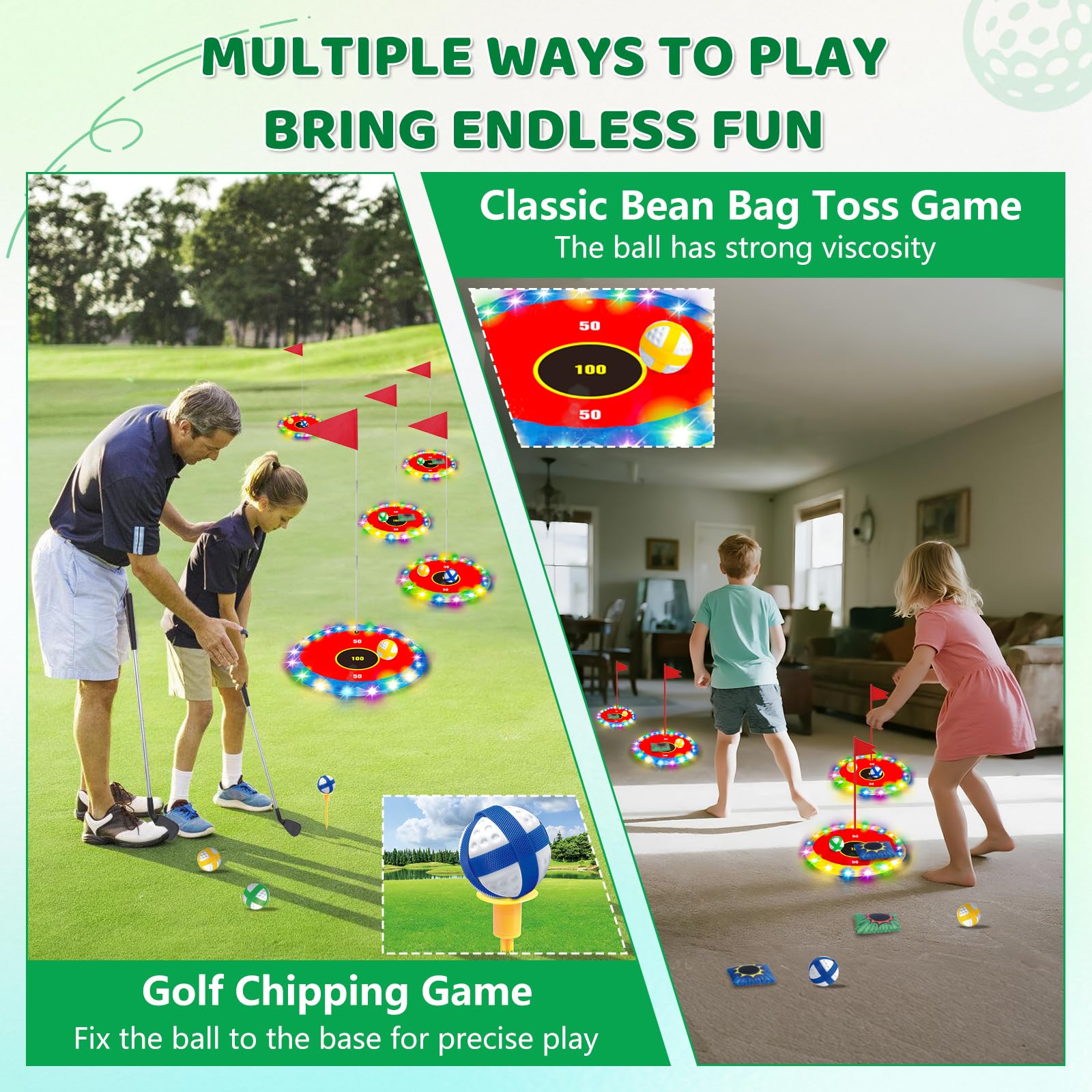 TERRAMUS Light Up Golf Play Set clubs shown, easy grip for players of all ages.