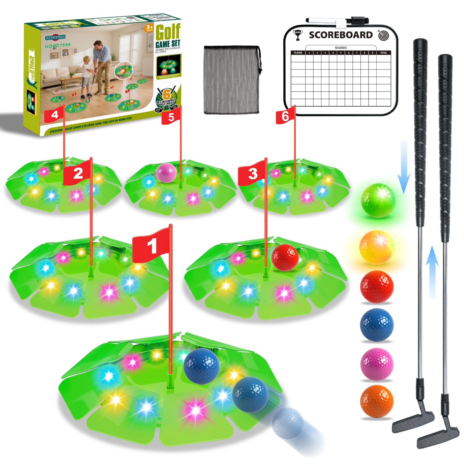 TERRAMUS Light Up Golf Set with 6 LED targets illuminates night play in your backyard