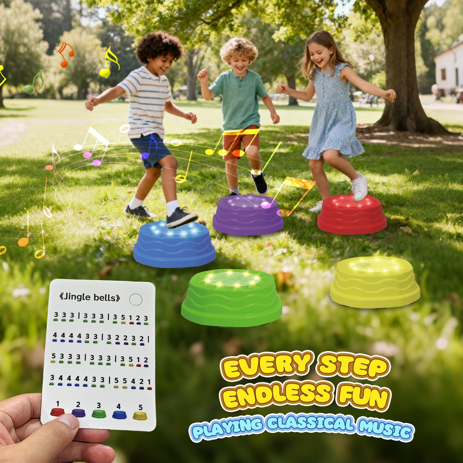 Terramus stepping stones arranged for safe rhythm practice with music cues.