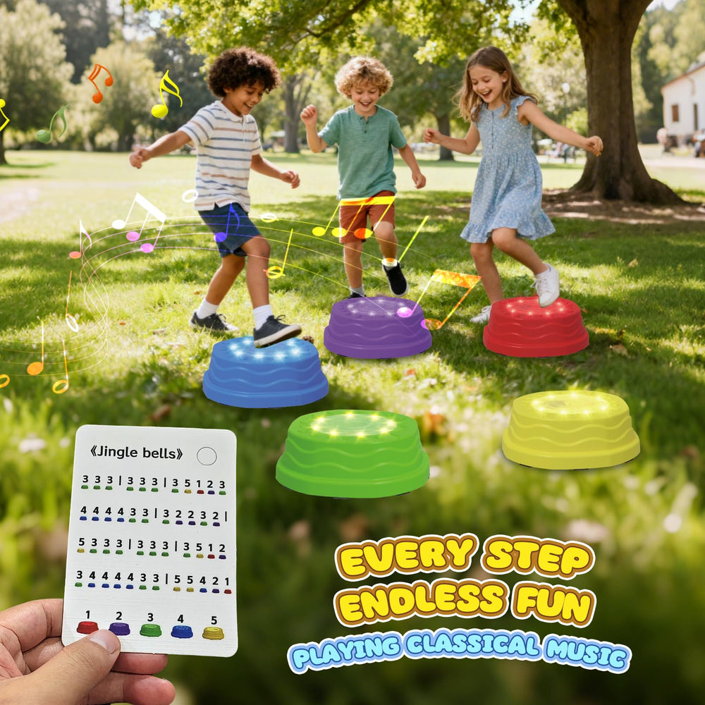 Terramus stepping stones arranged for safe rhythm practice with music cues.