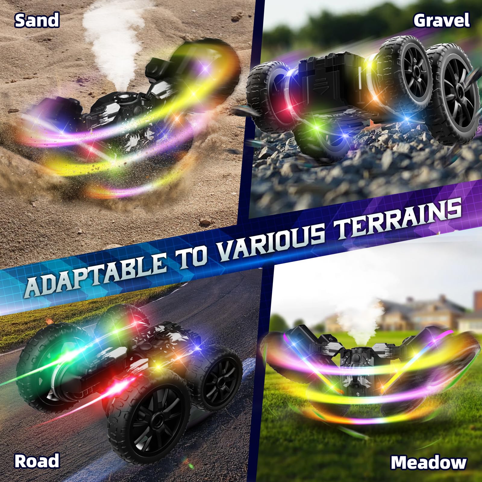 Terucle 4WD off-road tires tackling sand, grass, and gravel.