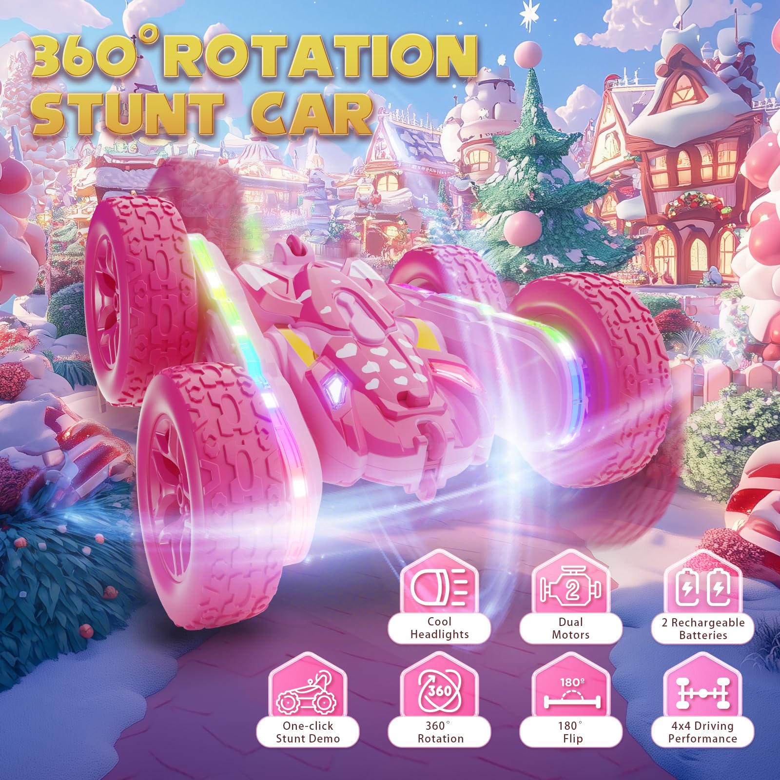 Terucle pink RC car performing a 360-degree stunt with lights