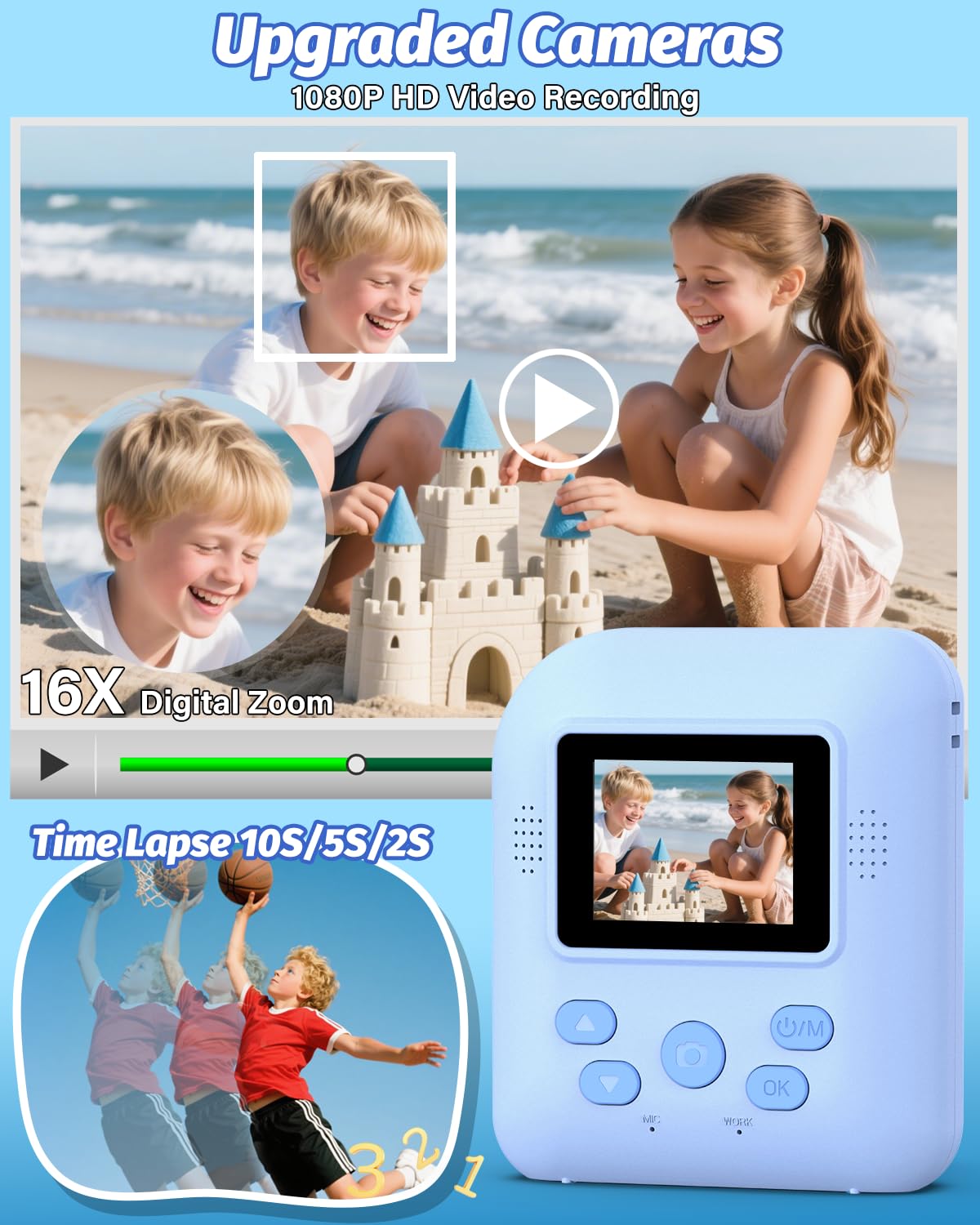 Teslahero Kids Camera records 1080p HD video for memories.
