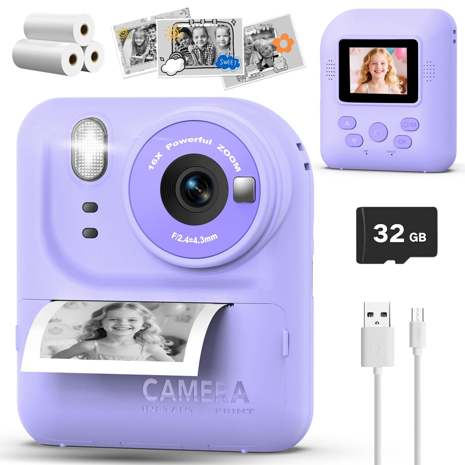 Teslahero Kids Camera purple front view with easy grip for young photographers