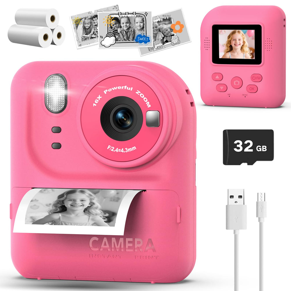 Teslahero Kids Camera front view in rose red, portable instant printing for on-the-go memories.