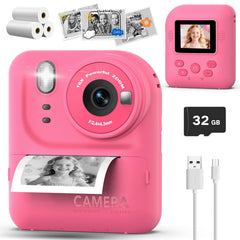 Teslahero Kids Camera front view in rose red, portable instant printing for on-the-go memories.