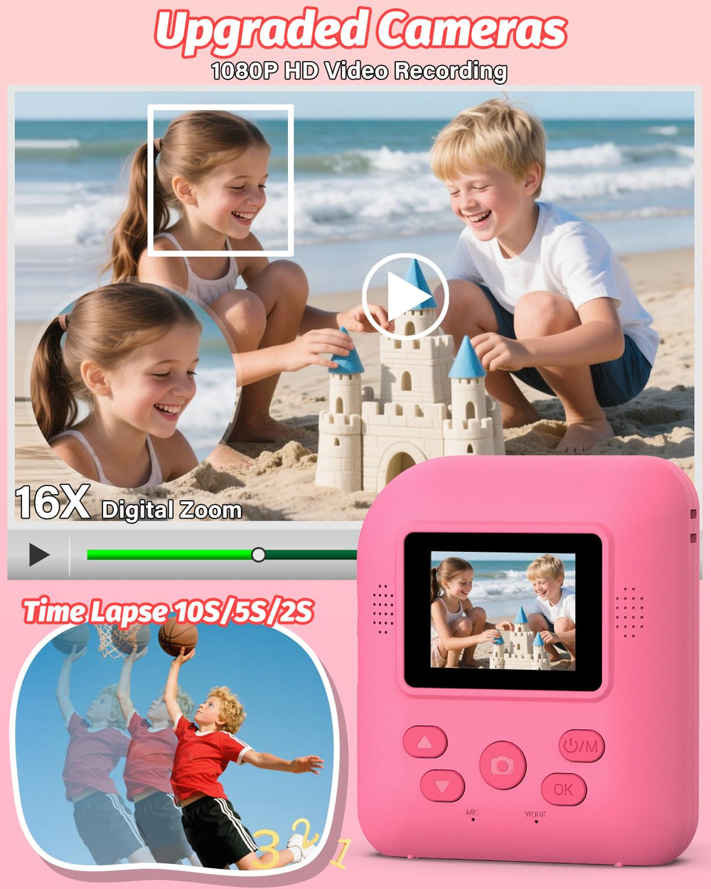 Teslahero Kids Camera printed-photo feature highlights instant, mess-free keepsakes.