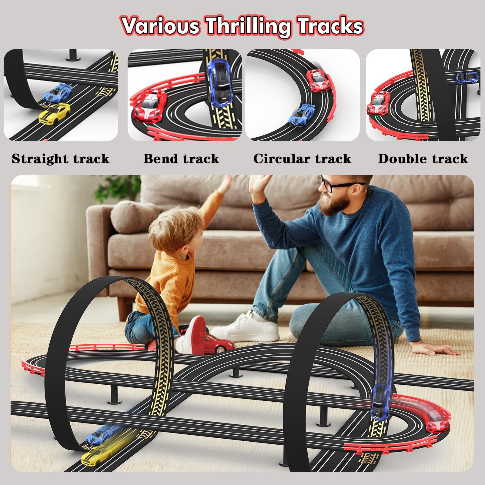 Teslala four high-speed cars glide on the track for exciting pretend race play.