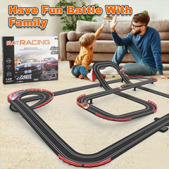 Teslala Slot Car Track with two controllers enabling multiplayer play at home.