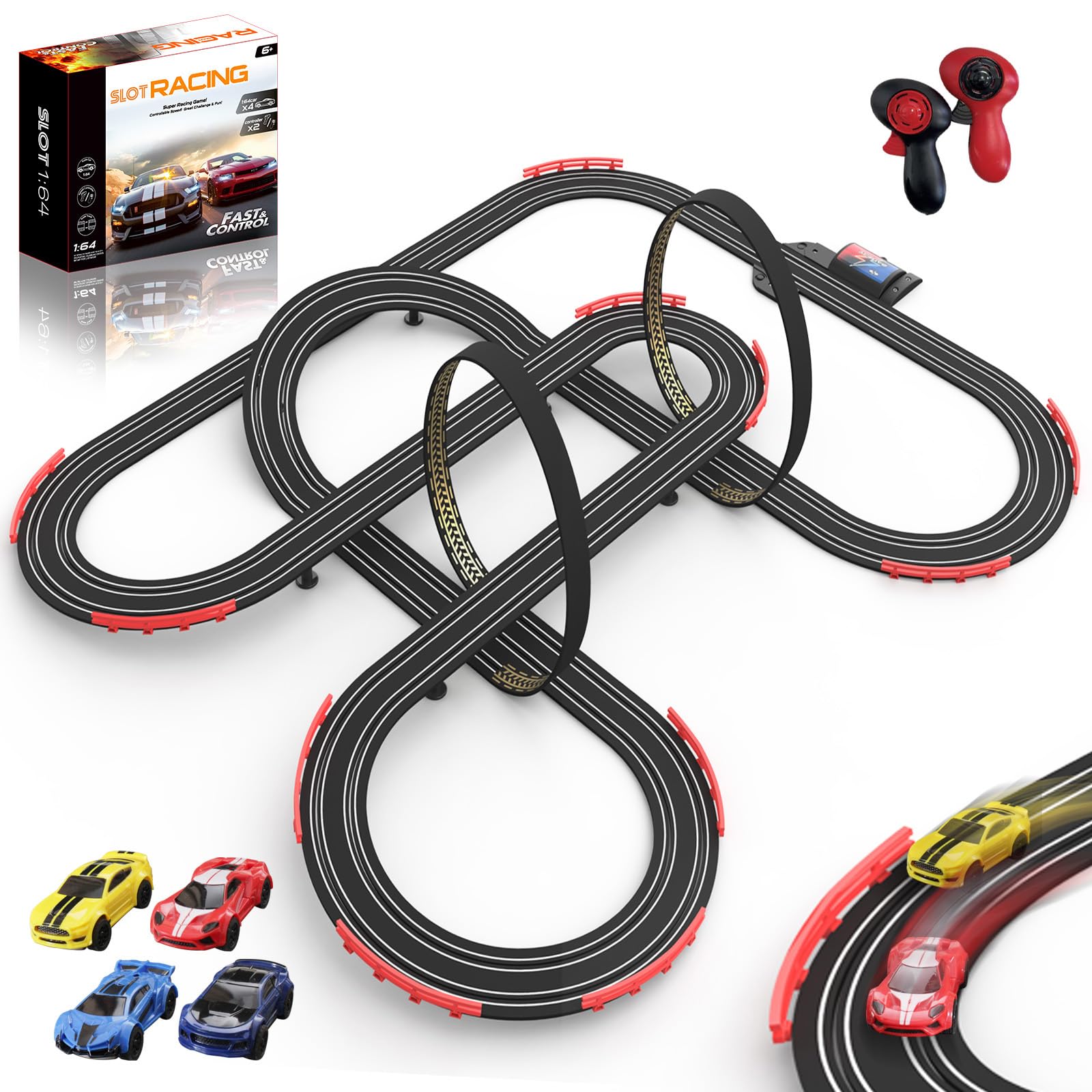 Teslala slot car track 32ft layout on a table for family racing sessions.