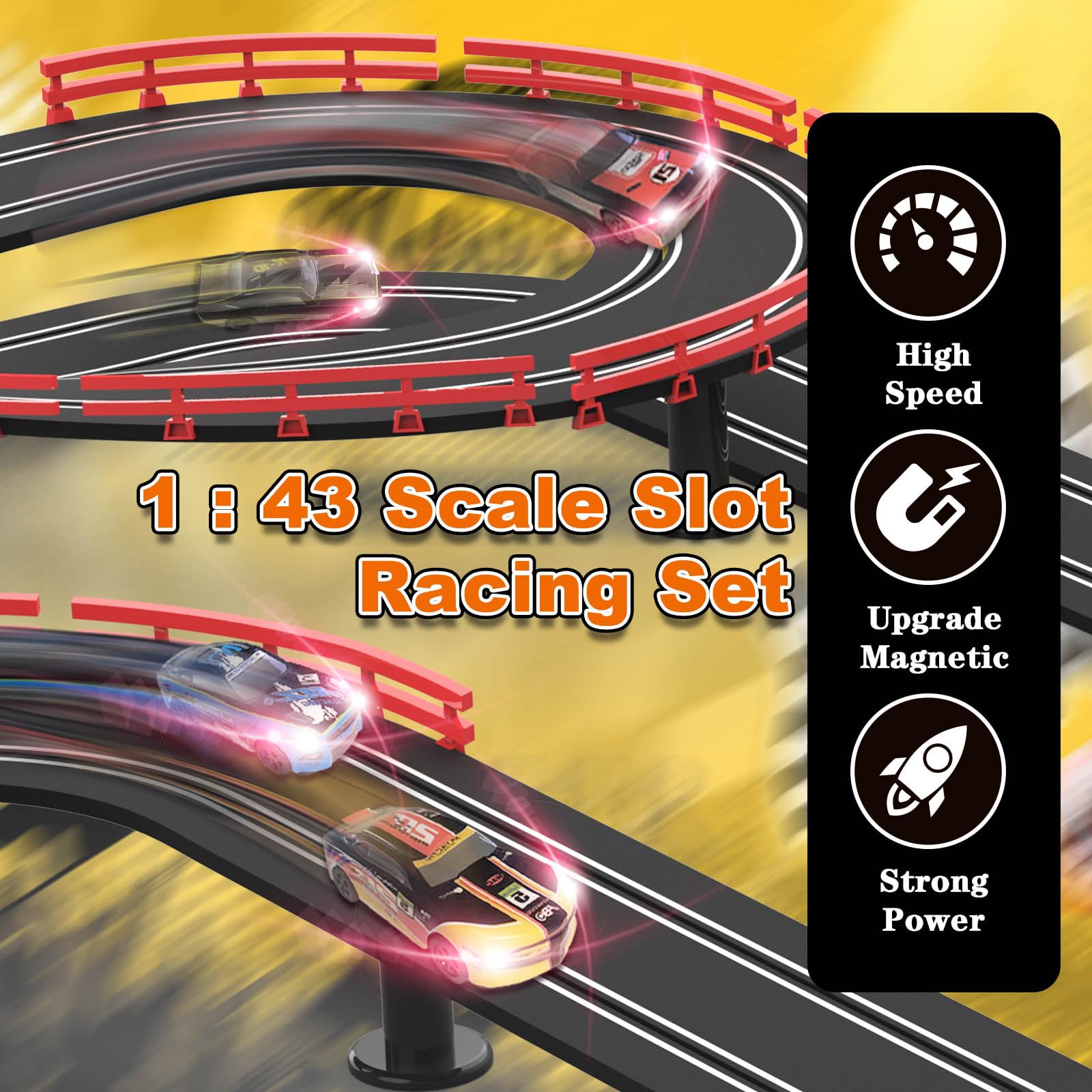 Teslala Slot Car Track 360° curve adds dynamic racing challenges.