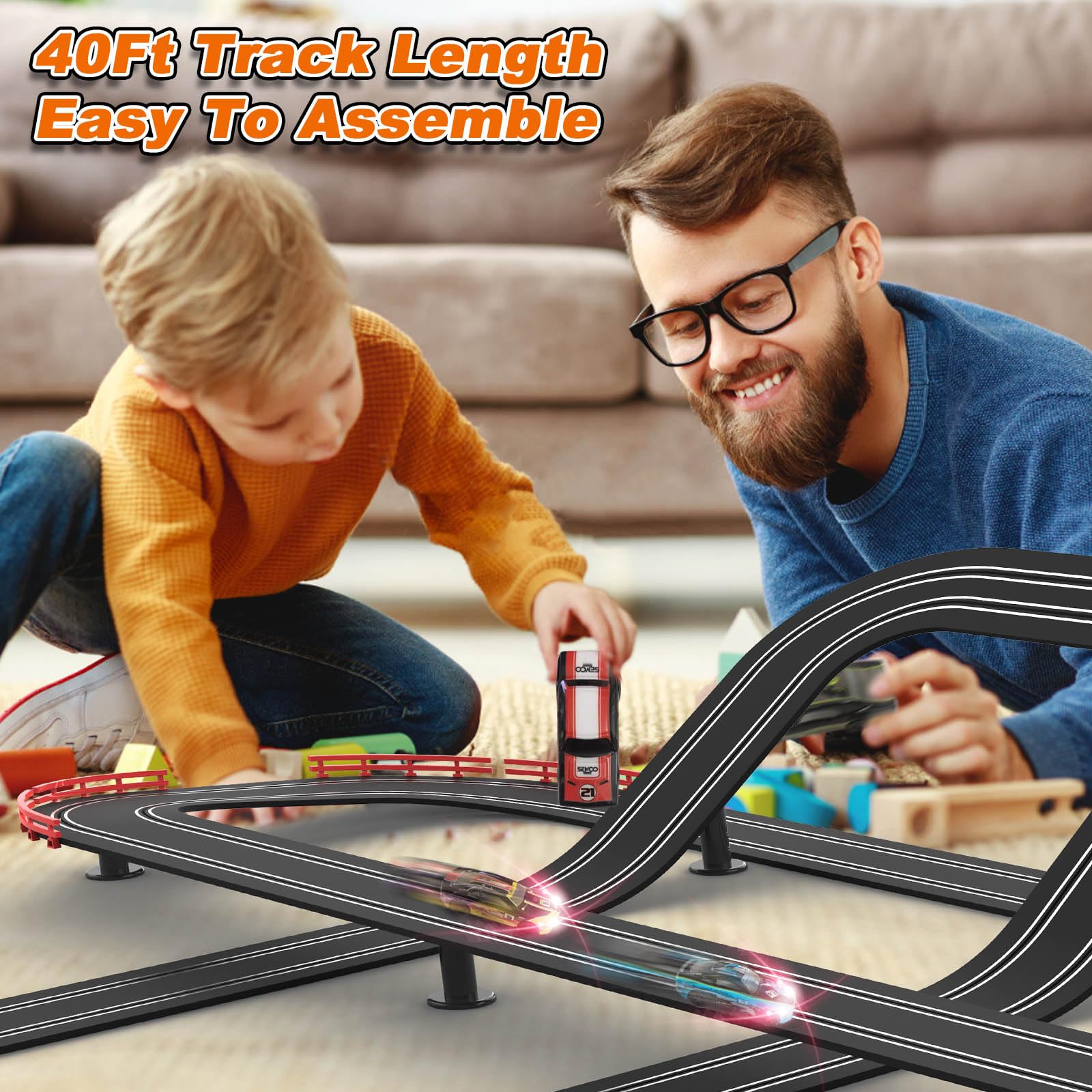Teslala Slot Car Track four cars included for family-friendly competition.