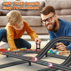Teslala Slot Car Track four cars included for family-friendly competition.