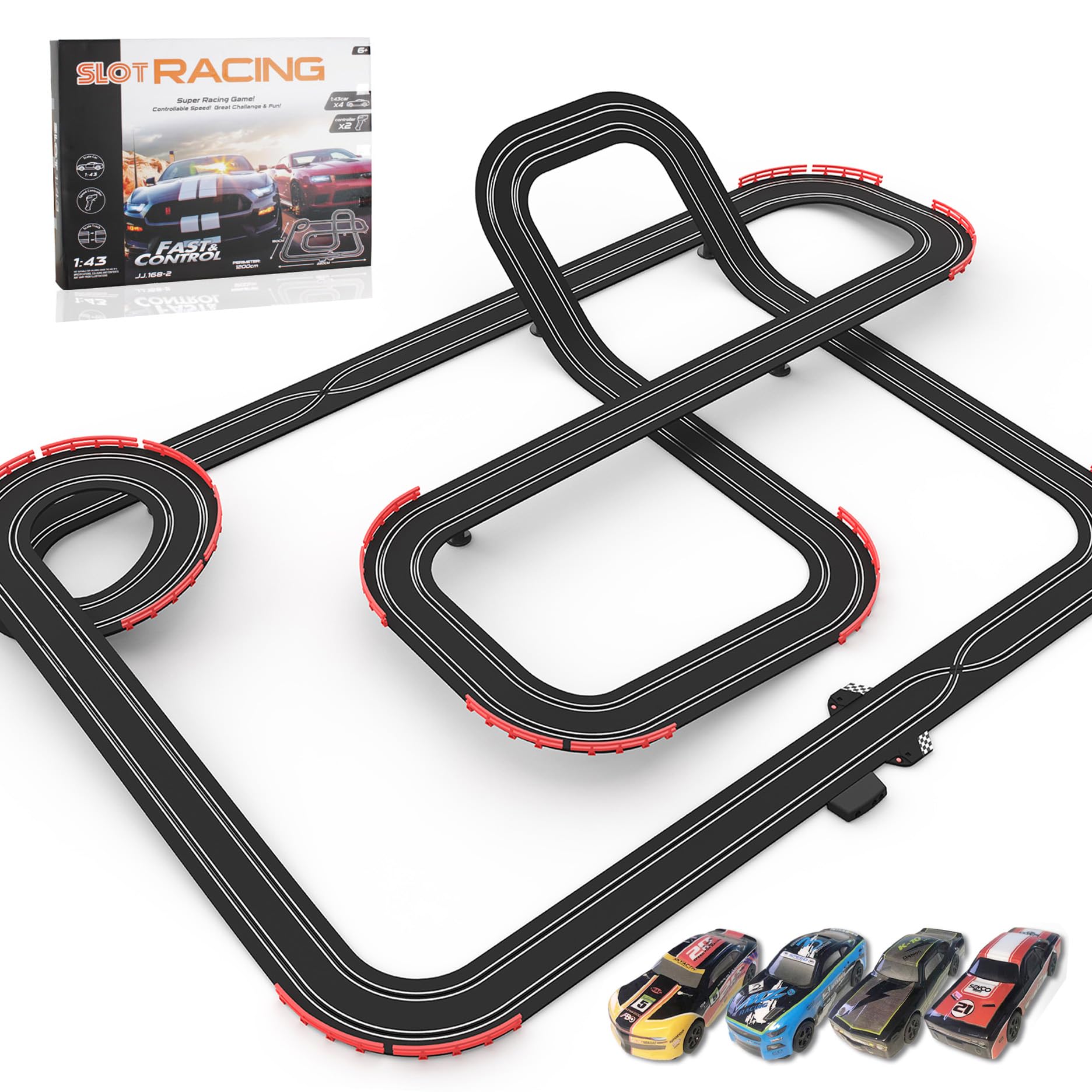 Teslala Slot Car Track 40ft setup shows quick start racing for kids.