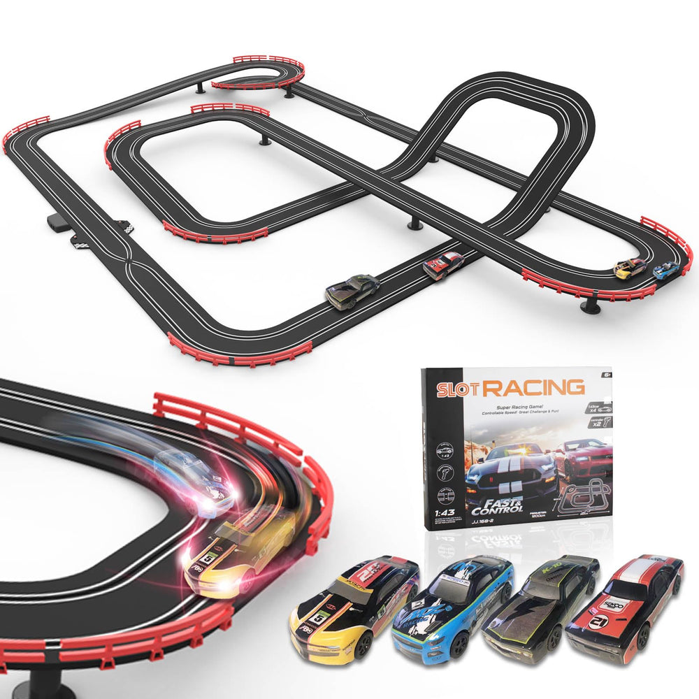 Teslala Slot Car Track lap counter highlights real-time race progress.
