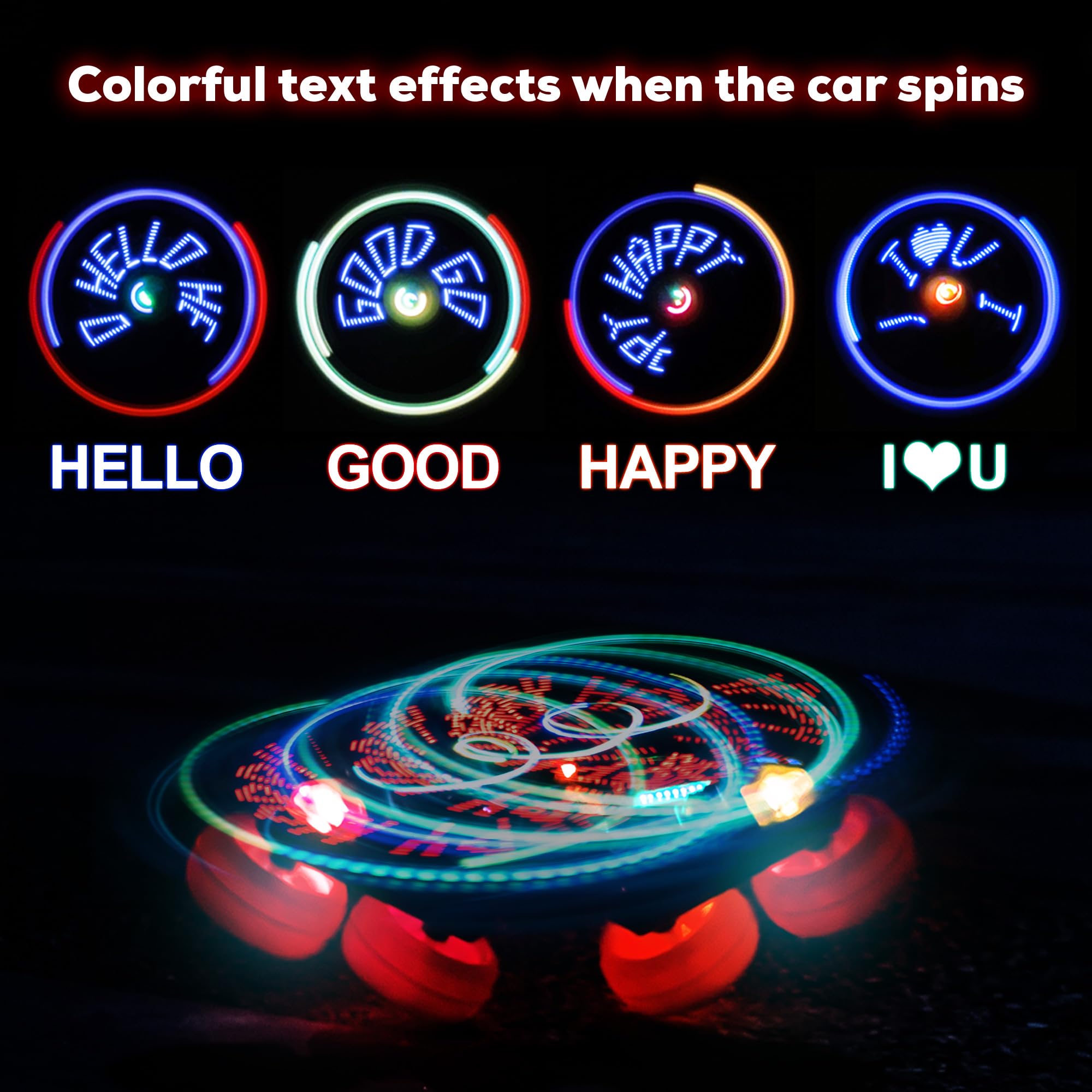 TETON ELECTRONICS Iron Man RC car with LED headlights and rotating wheels for night action.