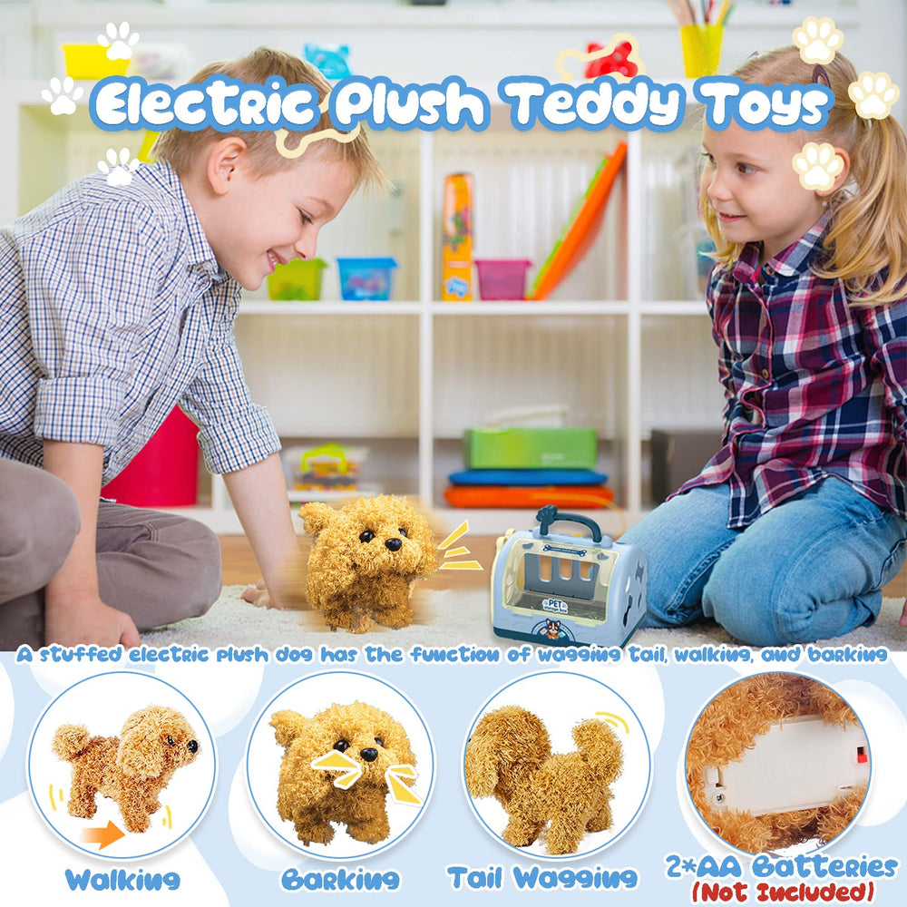 TEUVO Pet Care Playset Plush Puppy showcases wagging tail for lifelike pretend pet care.