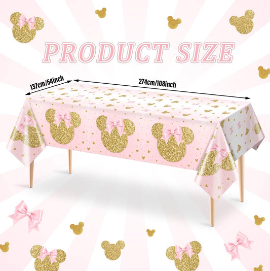 Tewess gold mouse head tablecloth adds sparkle to kids' celebrations.