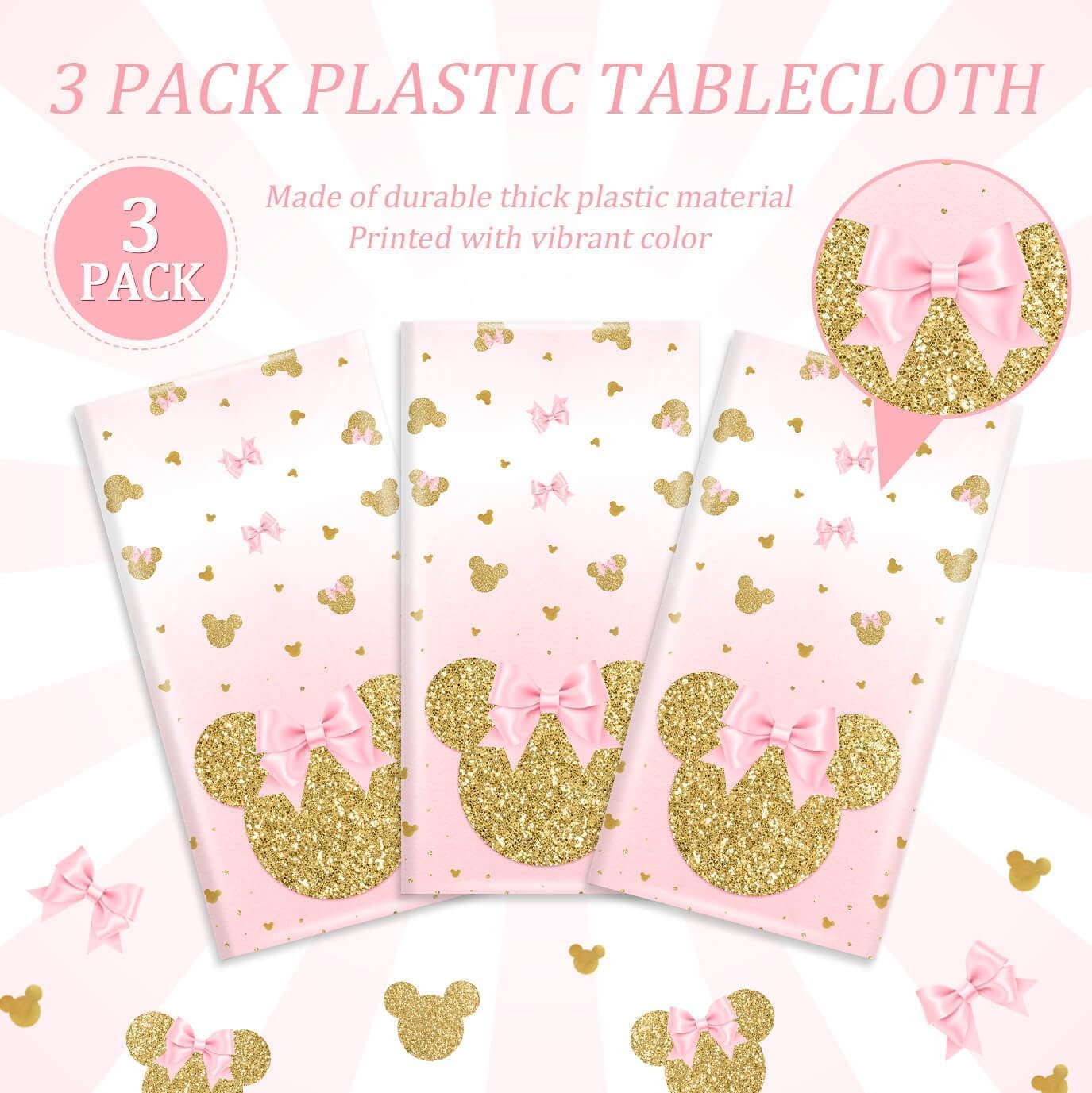 Tewess pink mouse birthday decor tablecloth highlights shimmering accents.