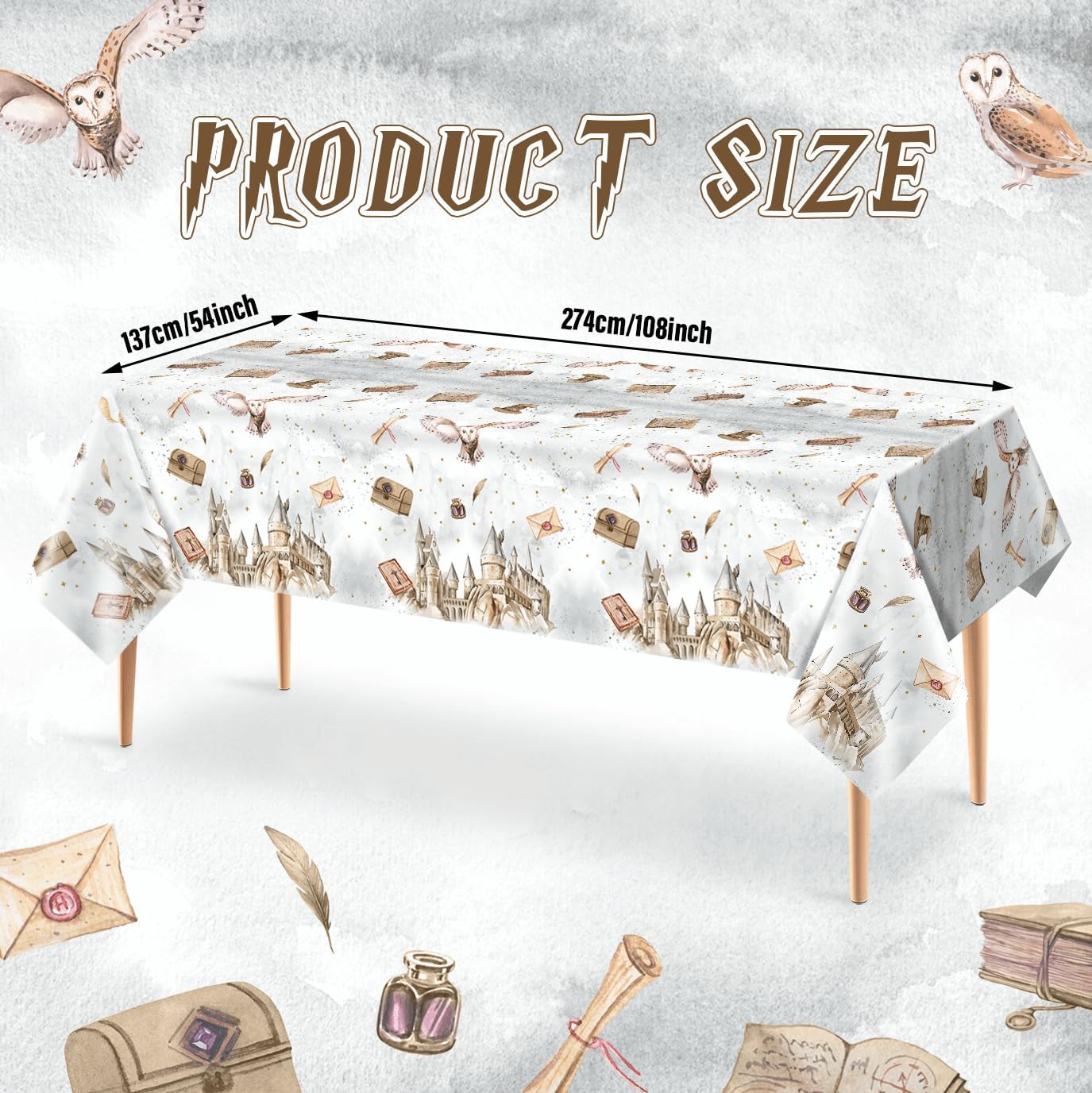 Tewess wizard tablecloth with floating letters and quills for immersive magic events and easy cleanup.