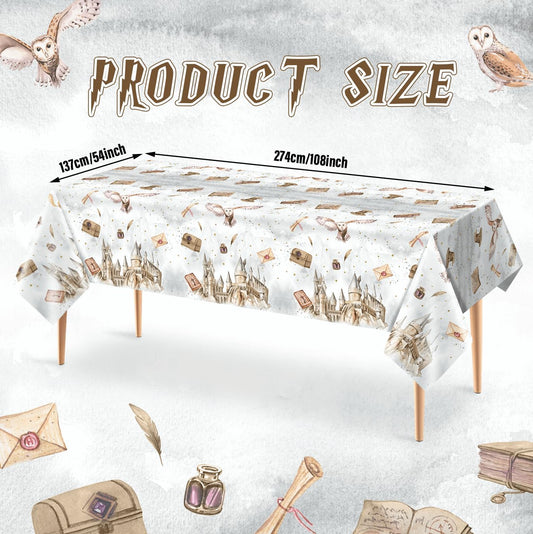 Tewess wizard tablecloth with floating letters and quills for immersive magic events and easy cleanup.
