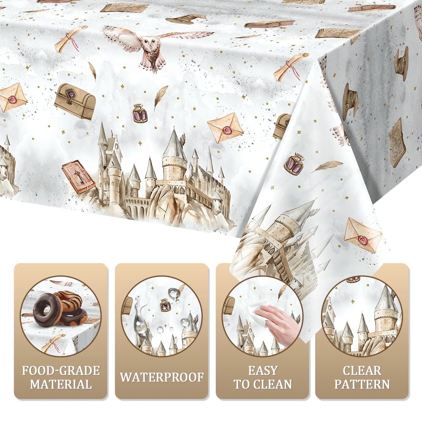 Tewess wizard tablecloth white background with gold accents for versatile wizard party celebrations.