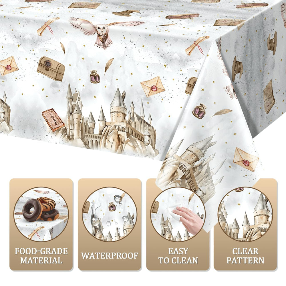 Tewess wizard tablecloth white background with gold accents for versatile wizard party celebrations.