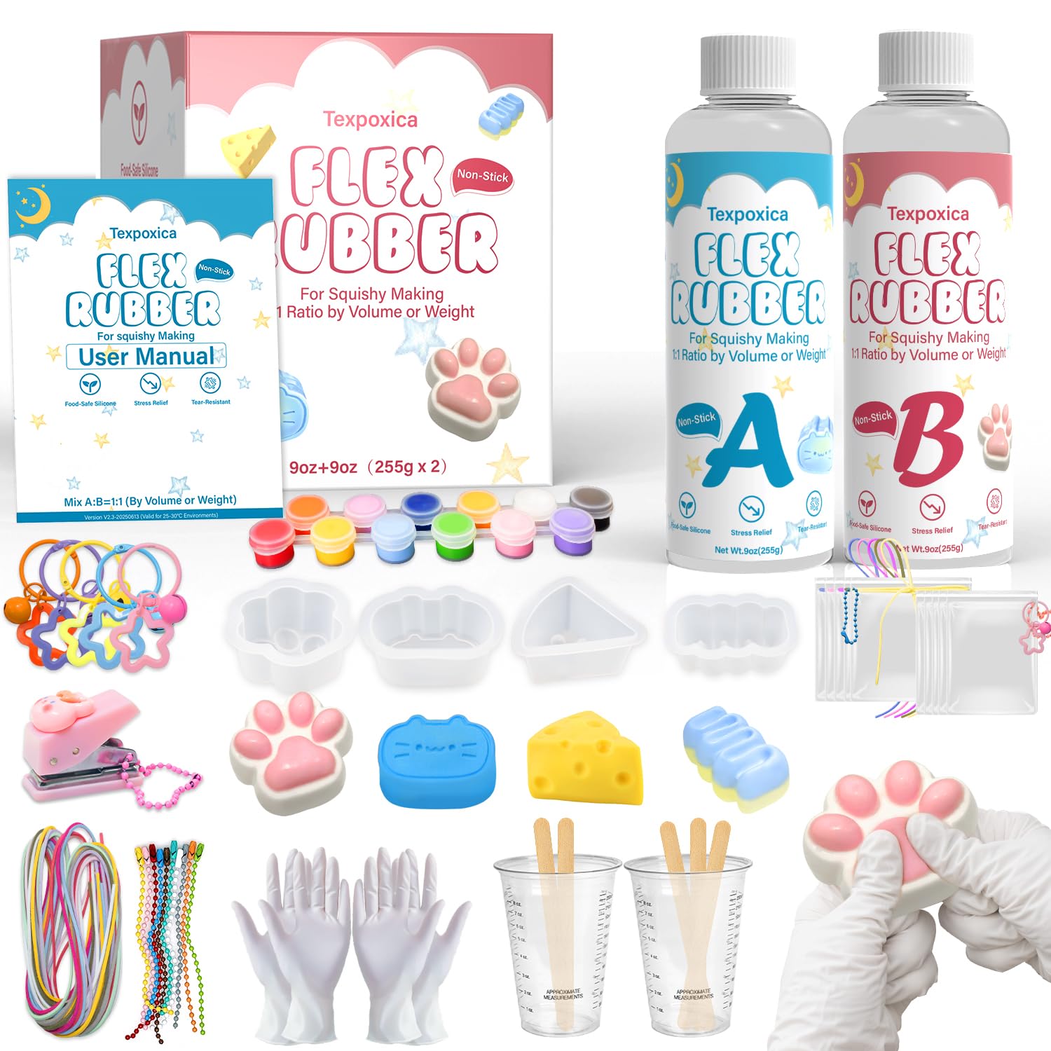 Texpoxica Taba Squishy Kit shows 18oz silicone for quick, smooth squishy creation.