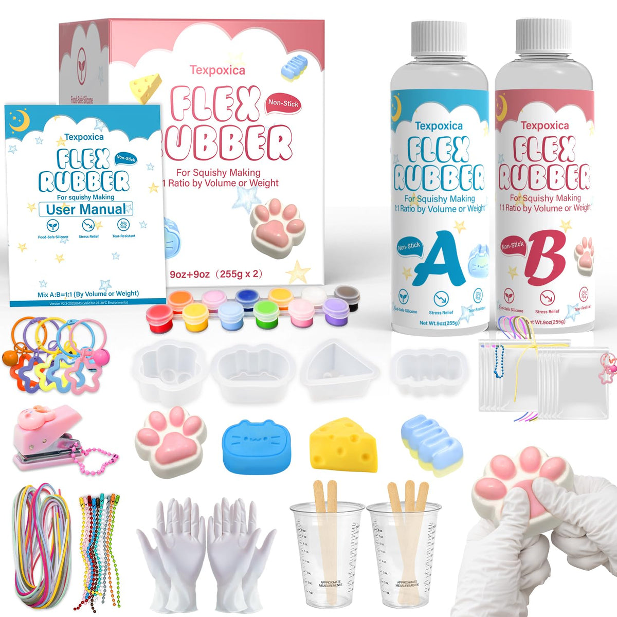 Texpoxica Taba Squishy Kit shows 18oz silicone for quick, smooth squishy creation.