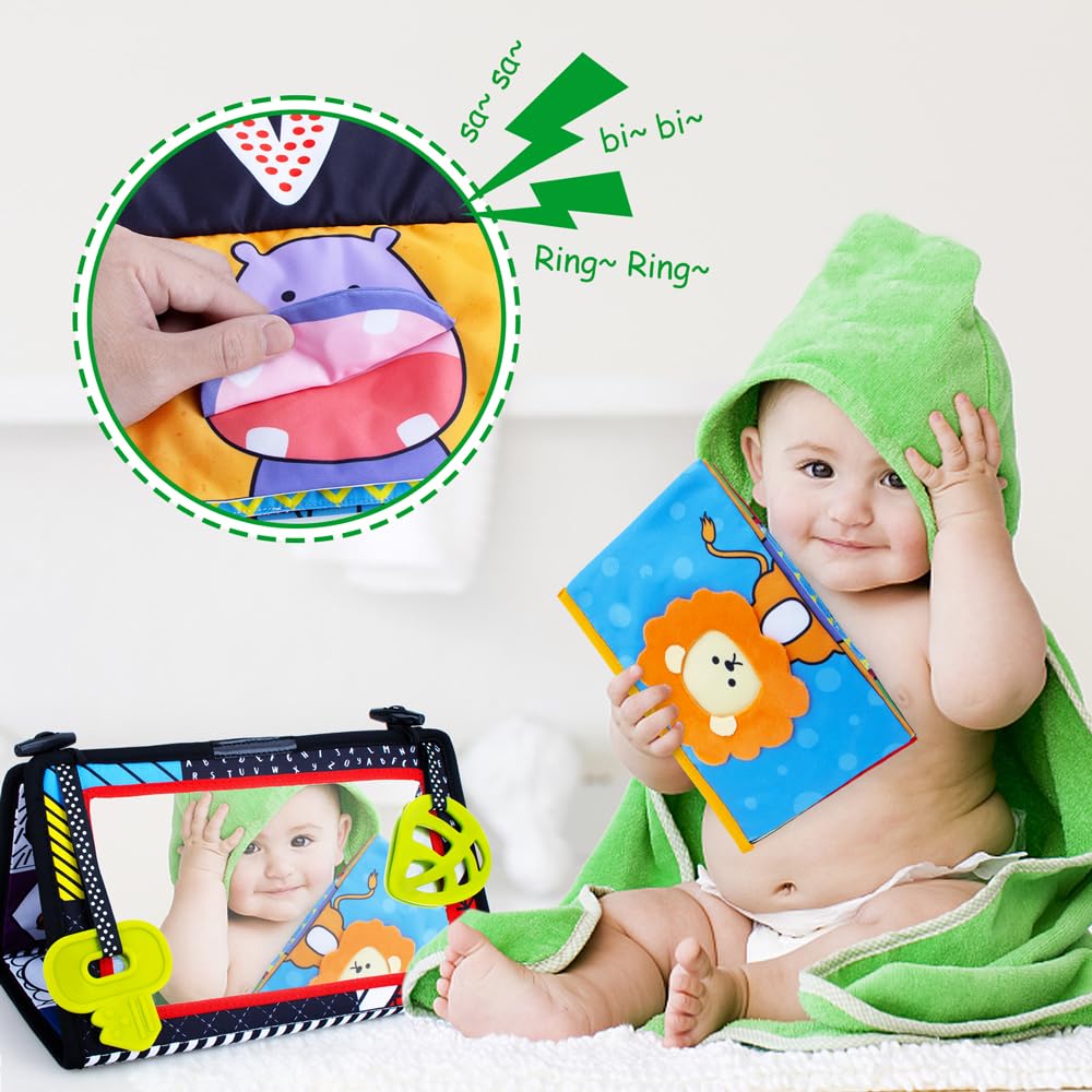 Teytoy crinkle cloth book attached to mirror for tactile exploration