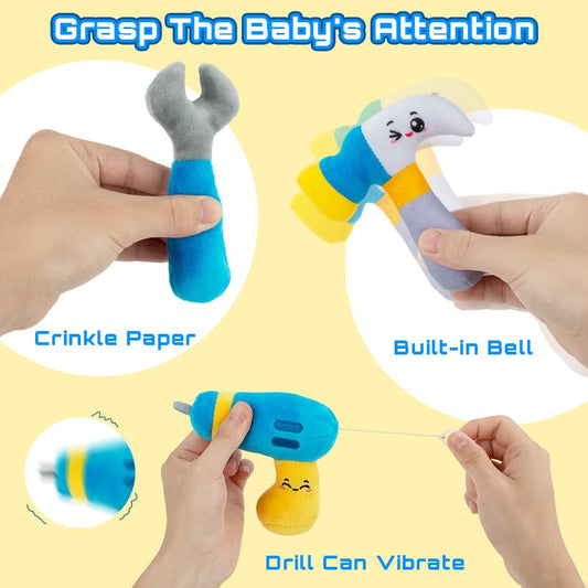 Teytoy plush screwdriver with bells boosts tactile exploration during pretend construction.