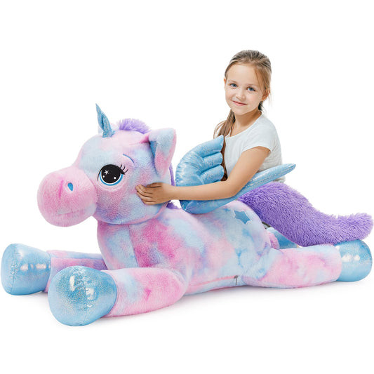 Tezituor 43-inch rainbow unicorn plush with wings, a striking room centerpiece.