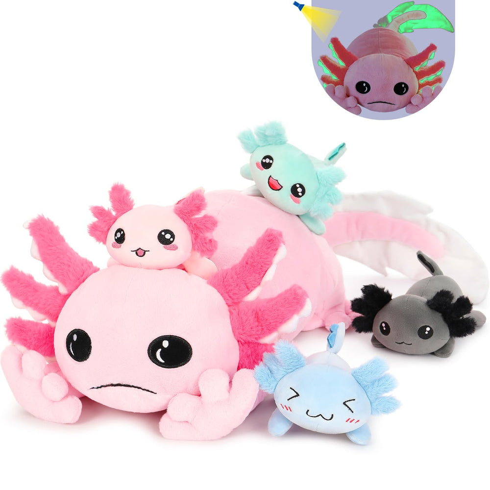 Tezituor giant axolotl with 4 babies inside, cozy family cuddle.