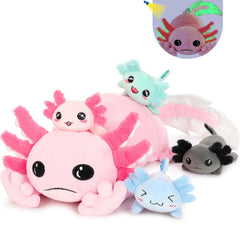 Tezituor giant axolotl with 4 babies inside, cozy family cuddle.