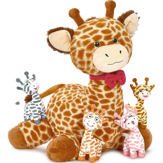 Tezituor mommy giraffe plush with four babies for imaginative play