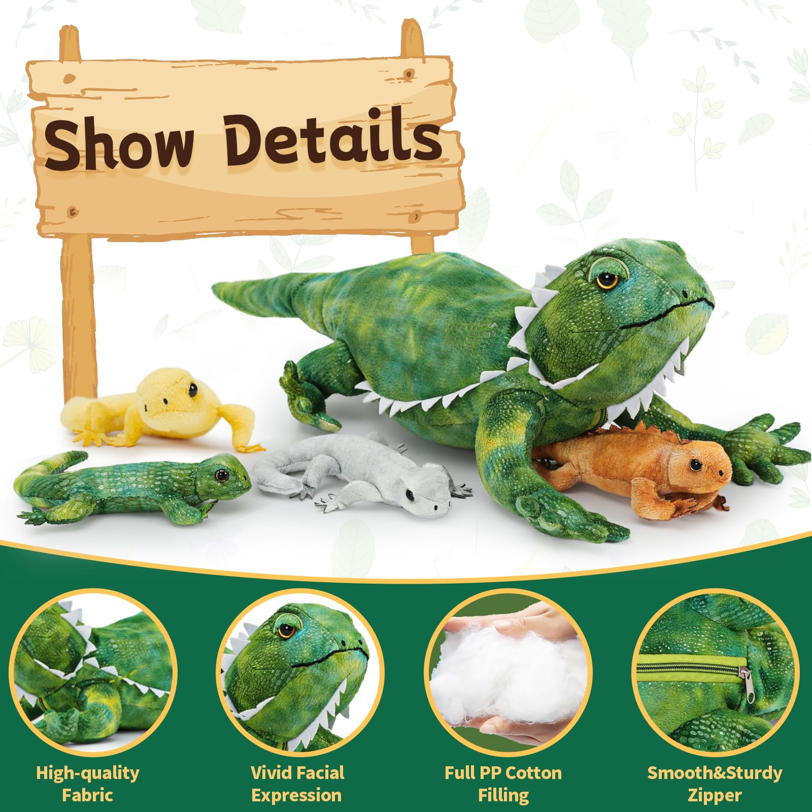 Tezituor large mommy lizard plush showcases lifelike texture for sensory exploration.