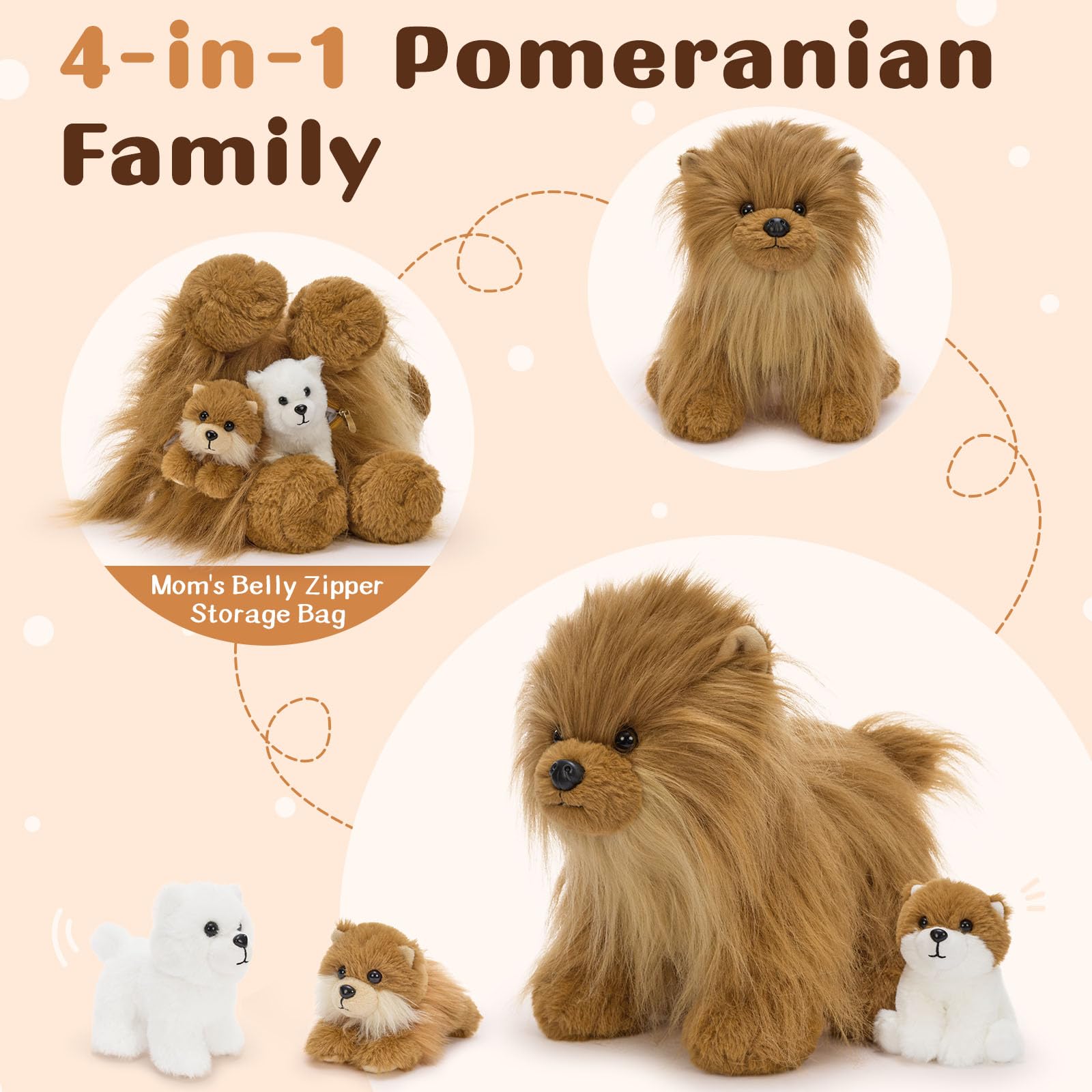 Tezituor Pomeranian mother plush face close-up, showcasing soft coat ideal for affectionate hugs