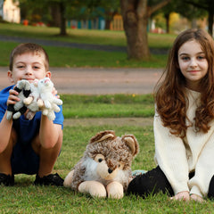 Tezituor wolf plush with detailed eyes for a lifelike woodland look.