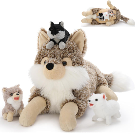 Tezituor 20-inch mommy wolf with three babies for imaginative play and cuddling.