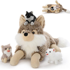 Tezituor 20-inch mommy wolf with three babies for imaginative play and cuddling.